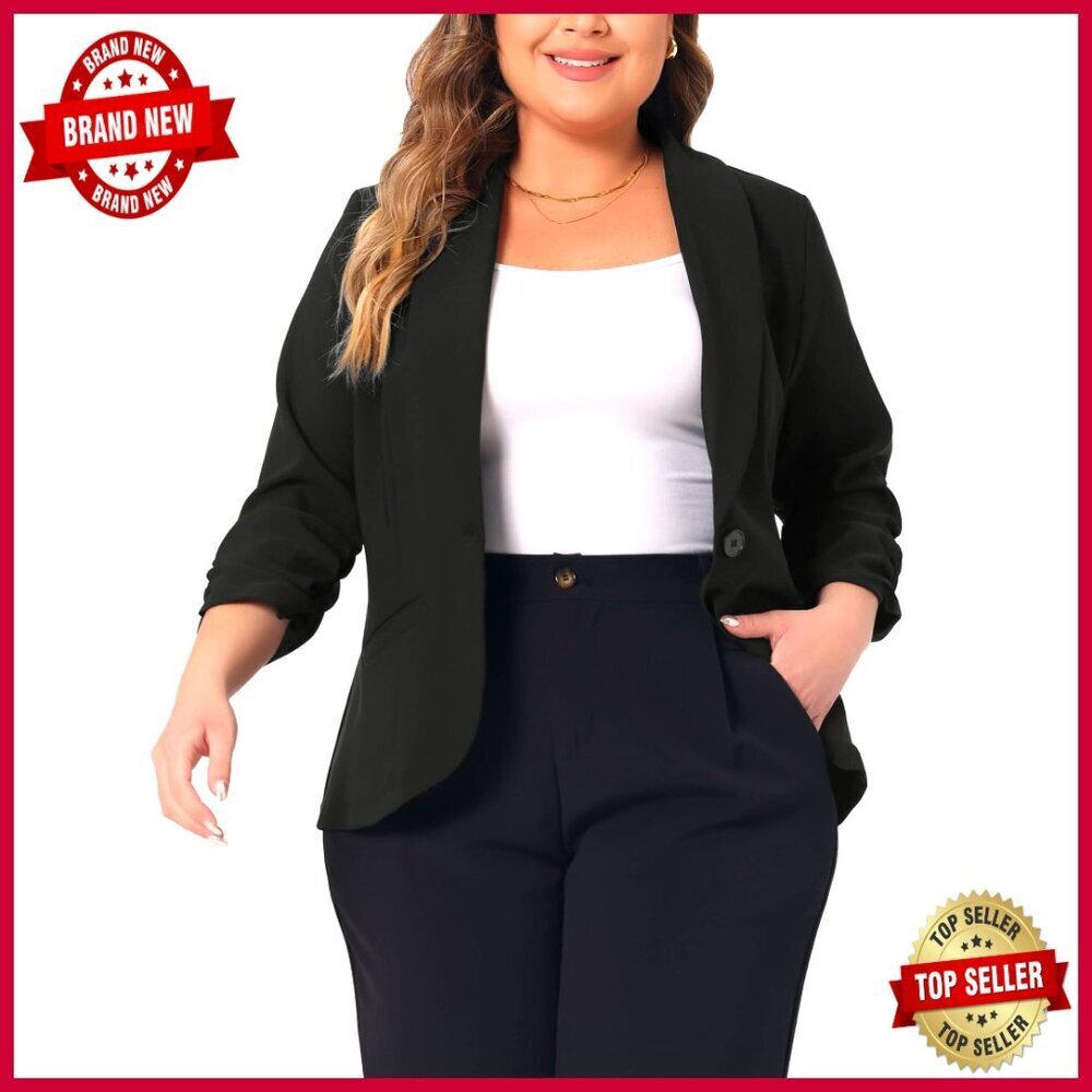 Plus Size Blazer 3/4 Ruched Sleeve Open Front Lightweight Work Office Jacket